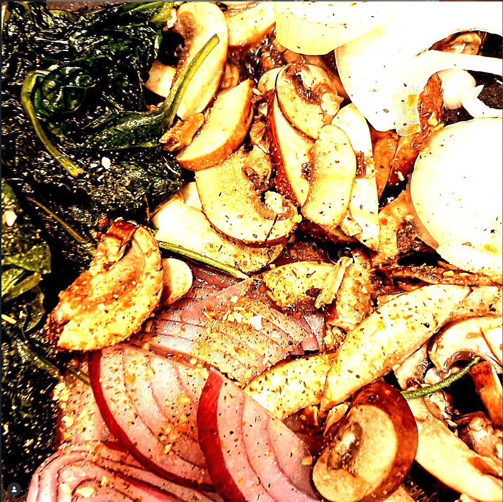 Sauteed mushrooms with red onion and spinach